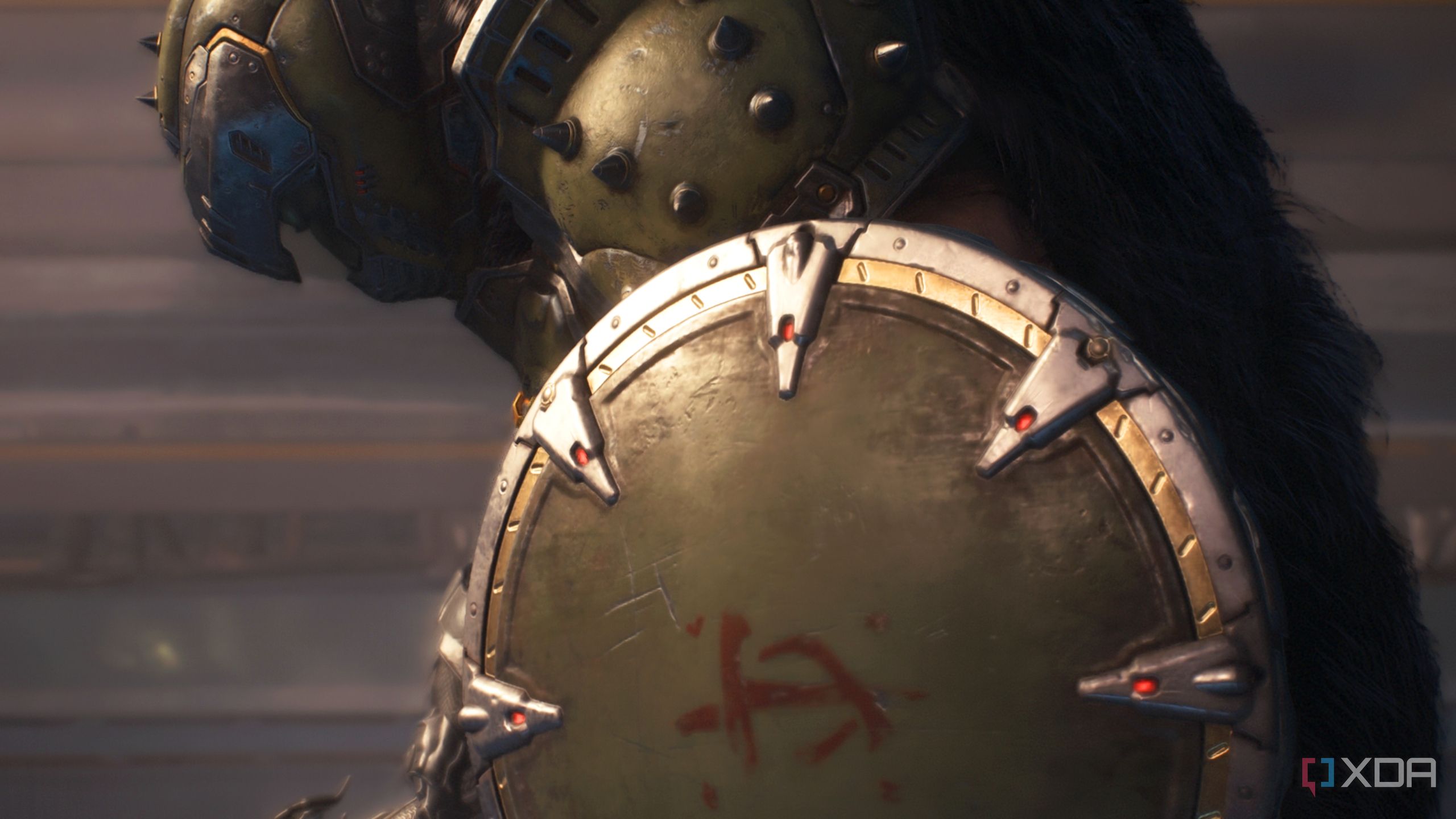 The Doom Slayer crouching on the ground with his shield in hand in Doom: The Dark Ages.