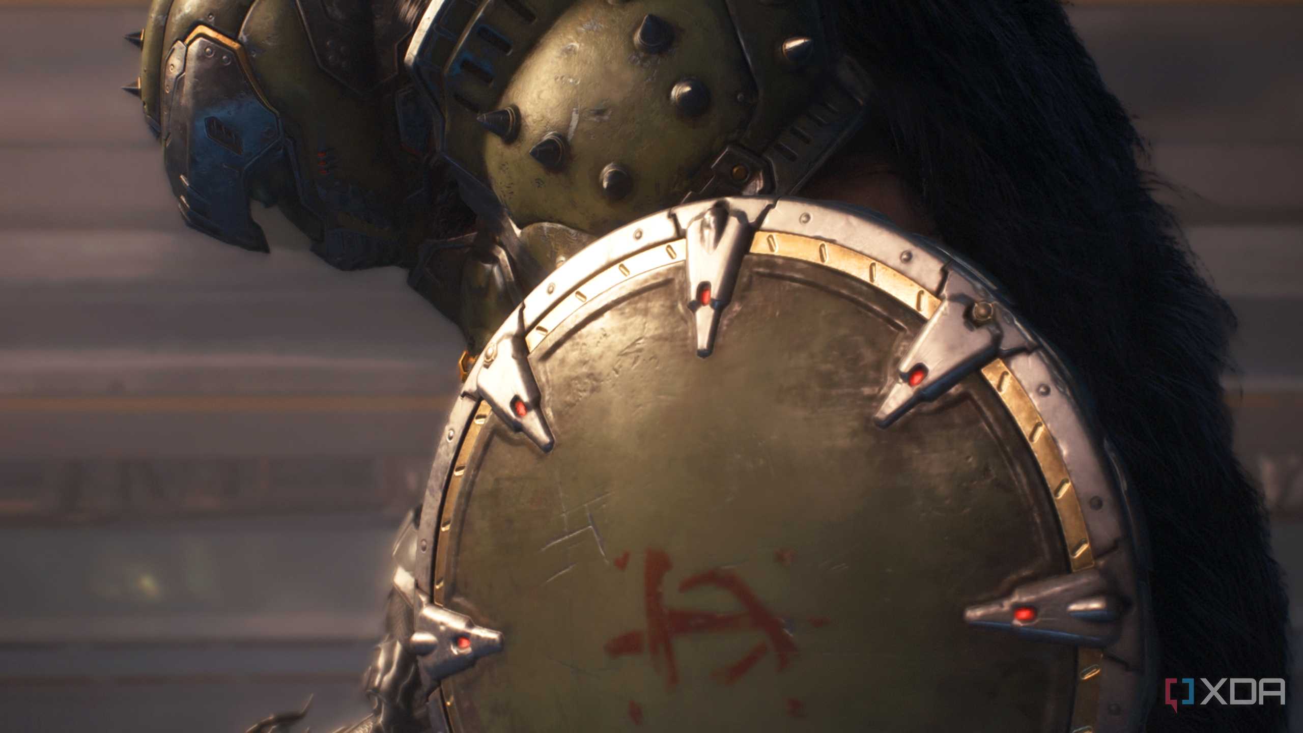 The Doom Slayer crouching on the ground with his shield in hand in Doom: The Dark Ages.