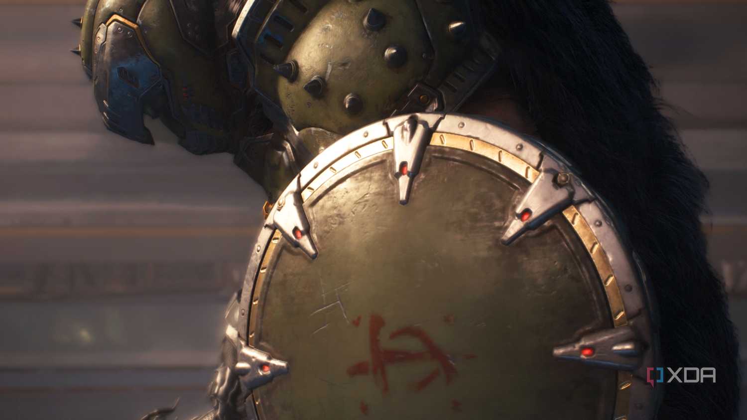 The Doom Slayer crouching on the ground with his shield in hand in Doom: The Dark Ages.