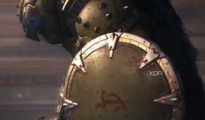 The Doom Slayer crouching on the ground with his shield in hand in Doom: The Dark Ages.