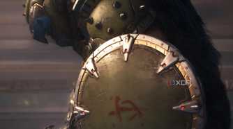 The Doom Slayer crouching on the ground with his shield in hand in Doom: The Dark Ages.