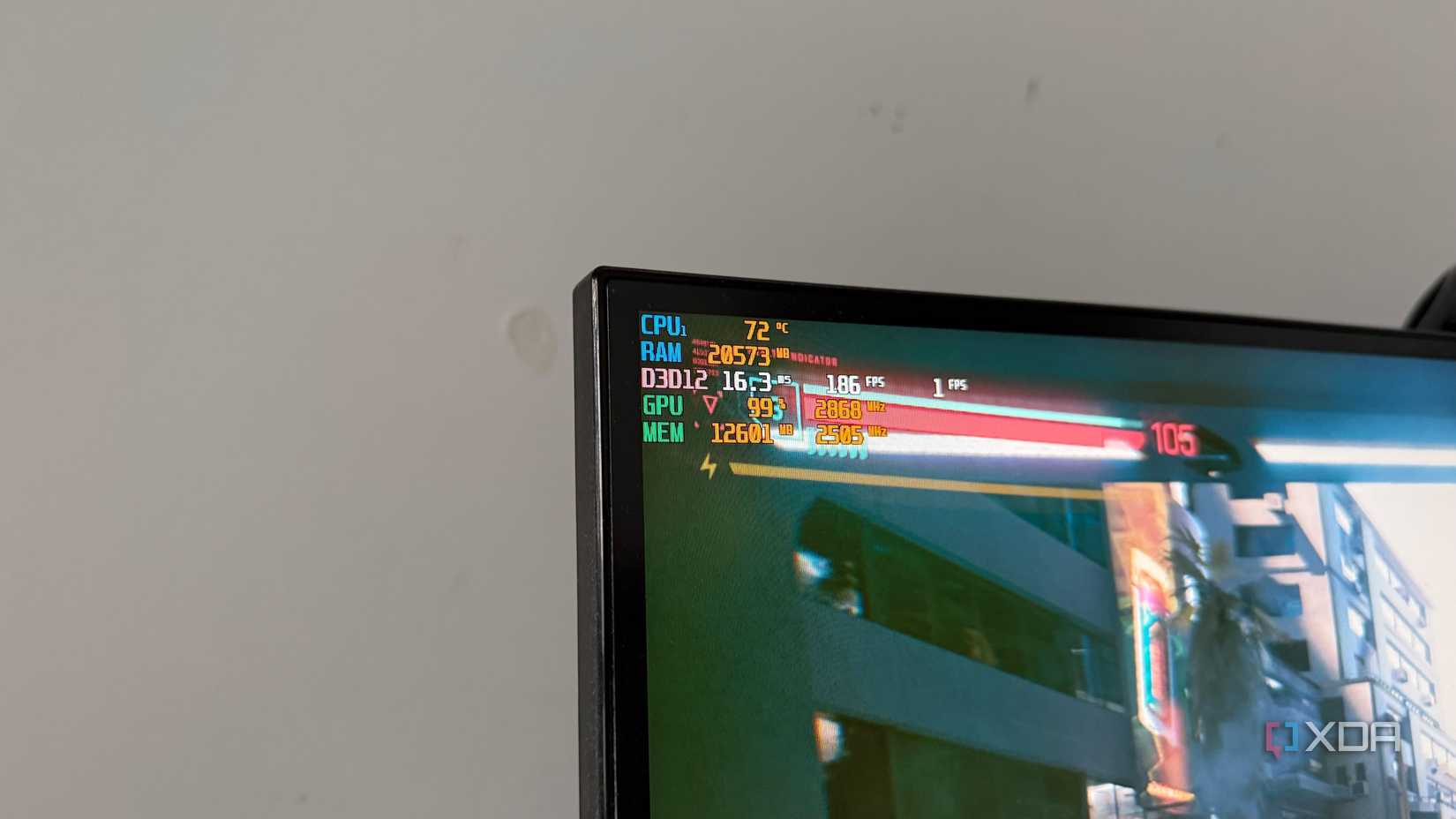 A photo of the top left of a monitor showing performance metrics for Cyberpunk 2077
