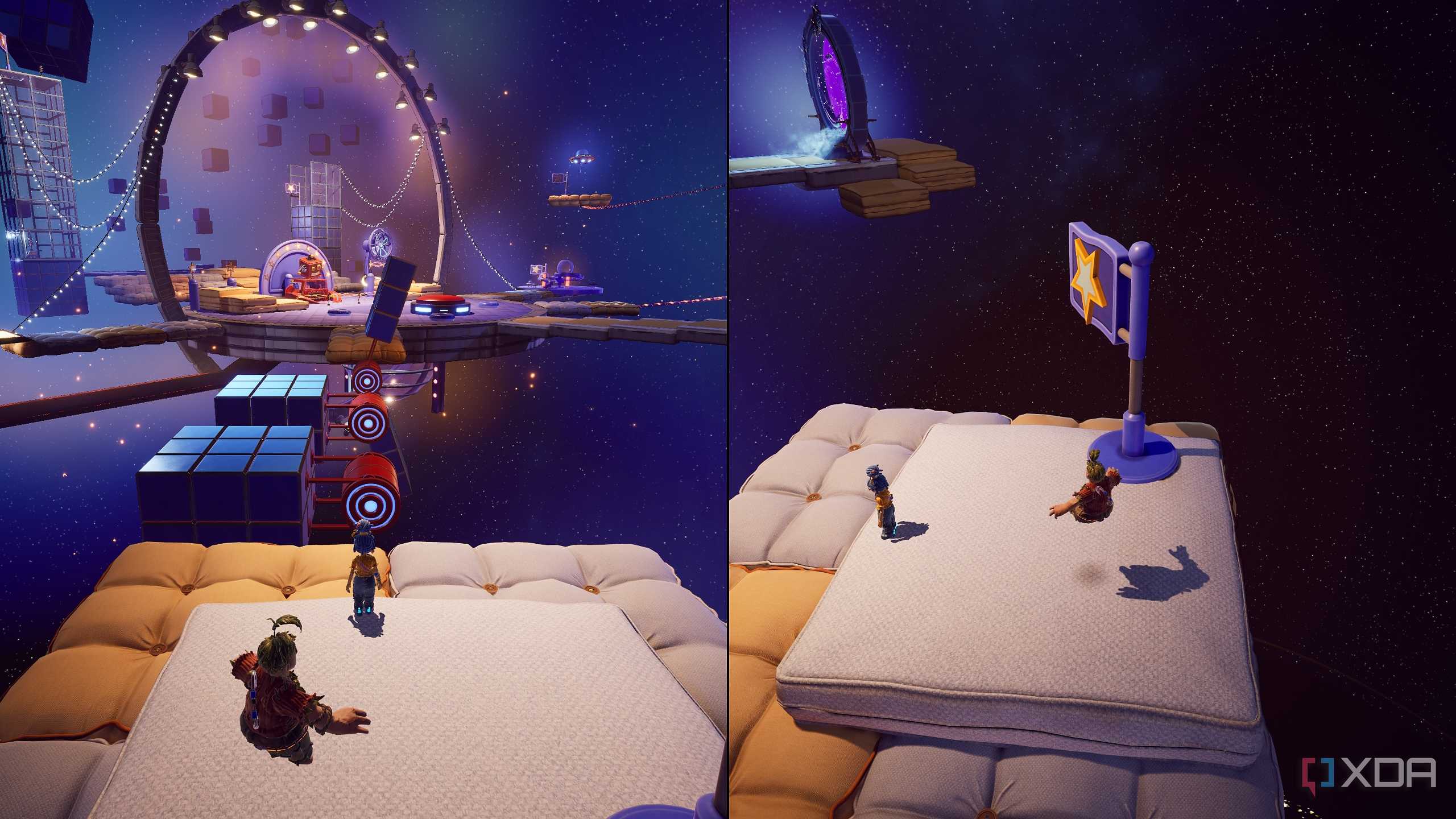 Split-screen image of Cody and May platforming across mattresses in It Takes Two.