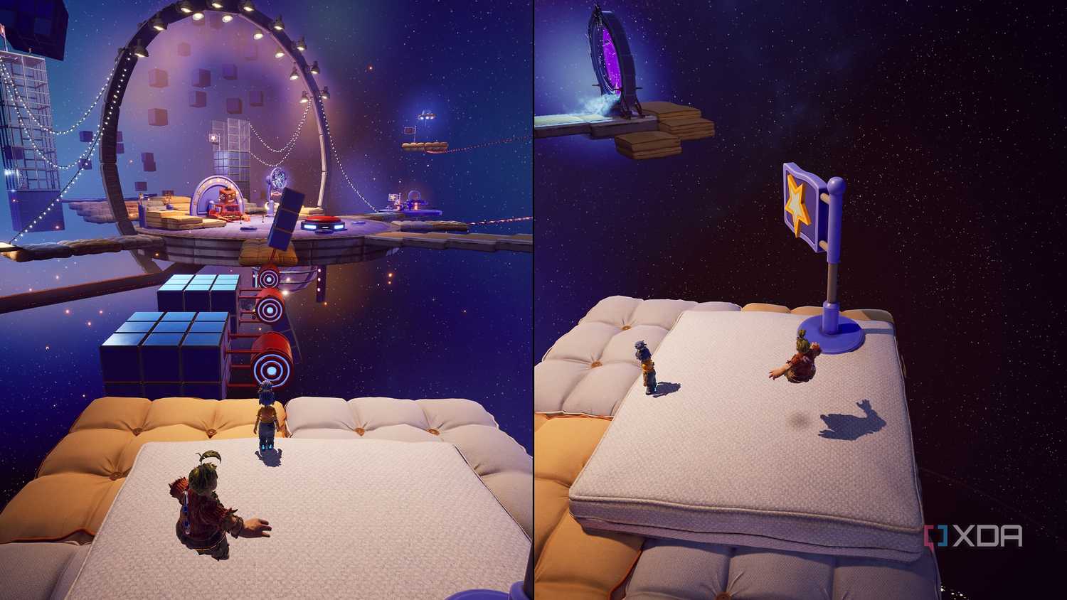 Split-screen image of Cody and May platforming across mattresses in It Takes Two.