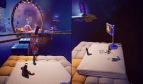 Split-screen image of Cody and May platforming across mattresses in It Takes Two.