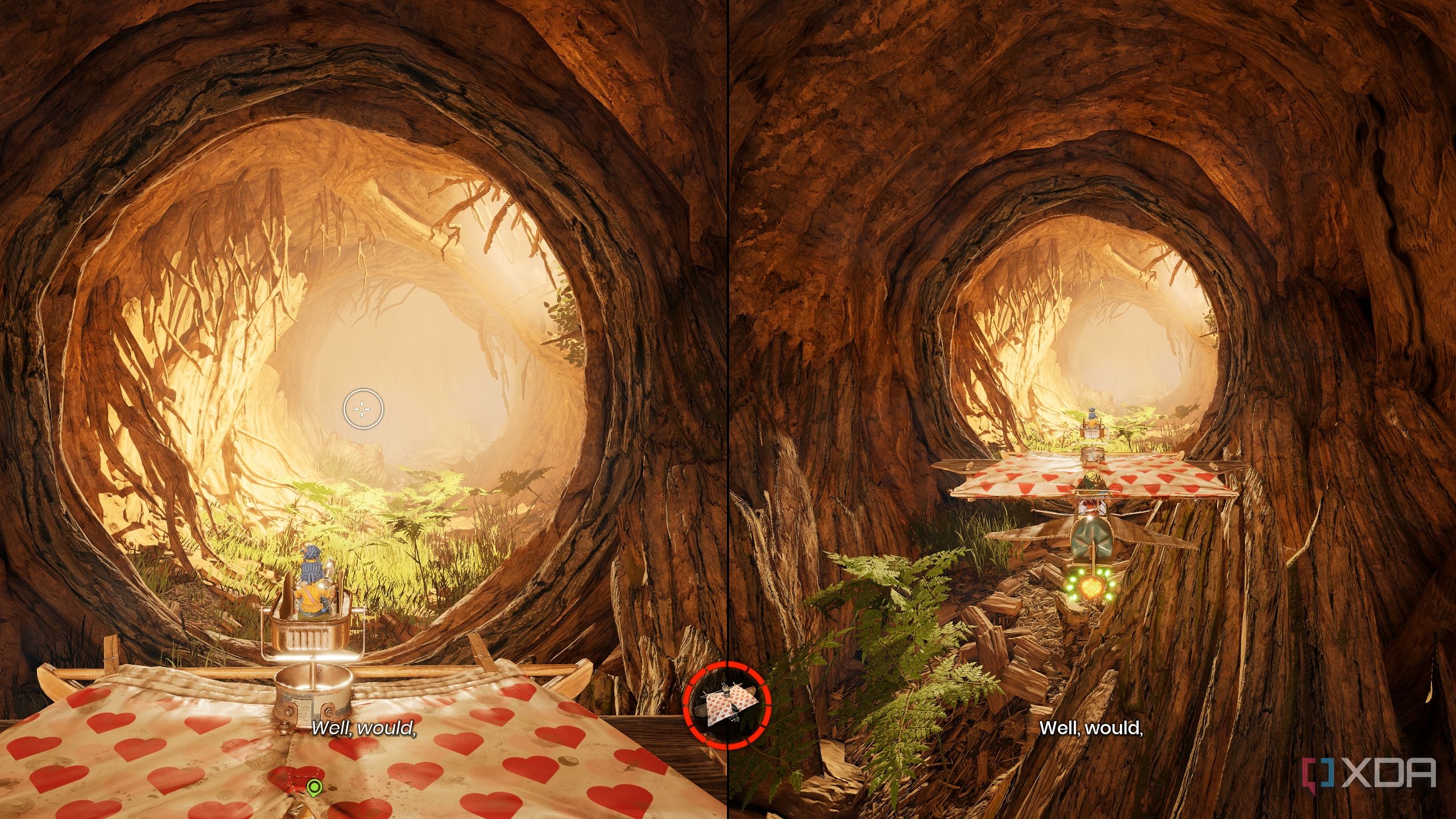 Split-screen image of Cody and May inside a huge tree in It Takes Two.