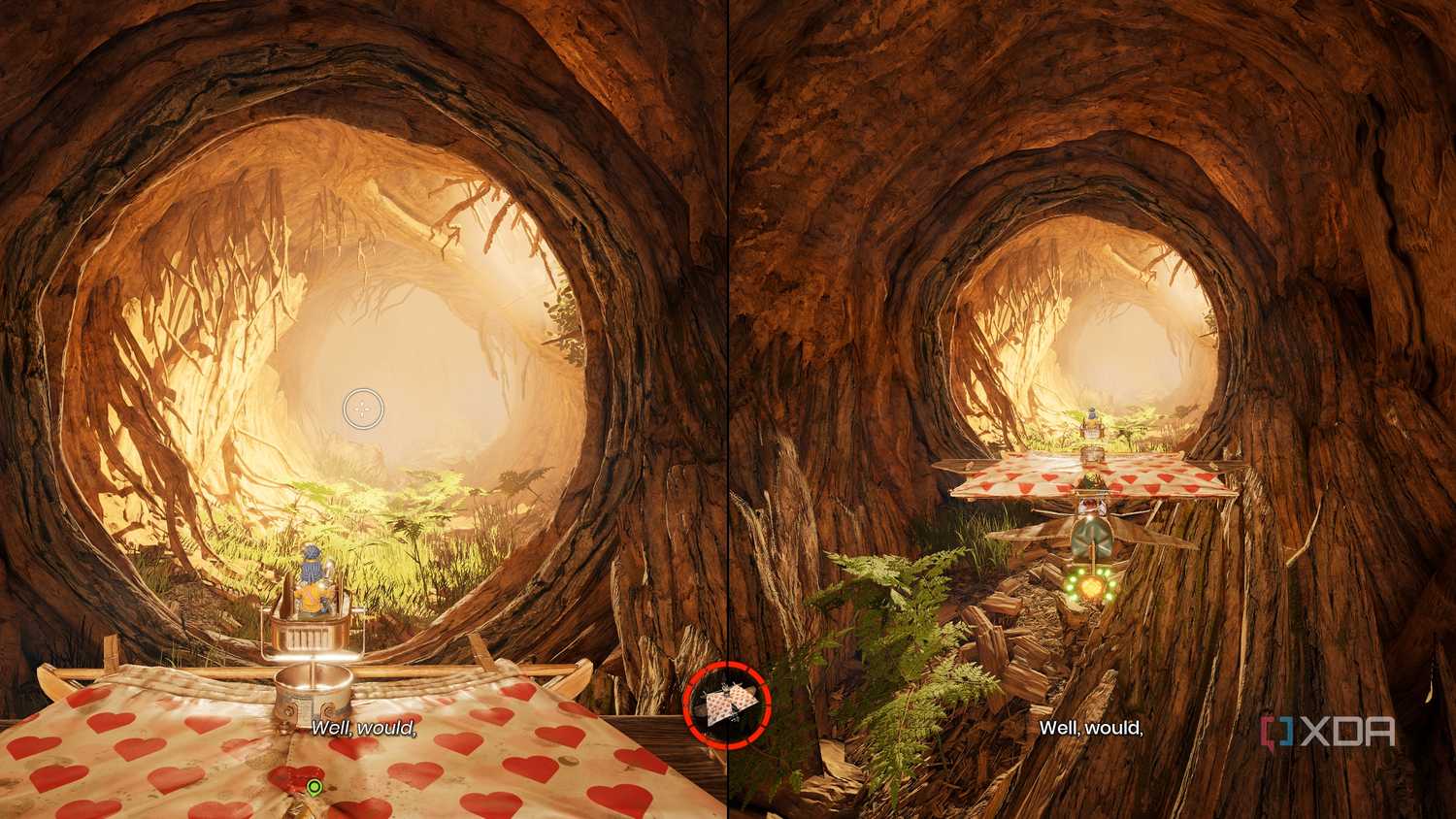 Split-screen image of Cody and May inside a huge tree in It Takes Two.