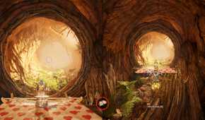 Split-screen image of Cody and May inside a huge tree in It Takes Two.