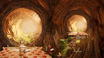 Split-screen image of Cody and May inside a huge tree in It Takes Two.