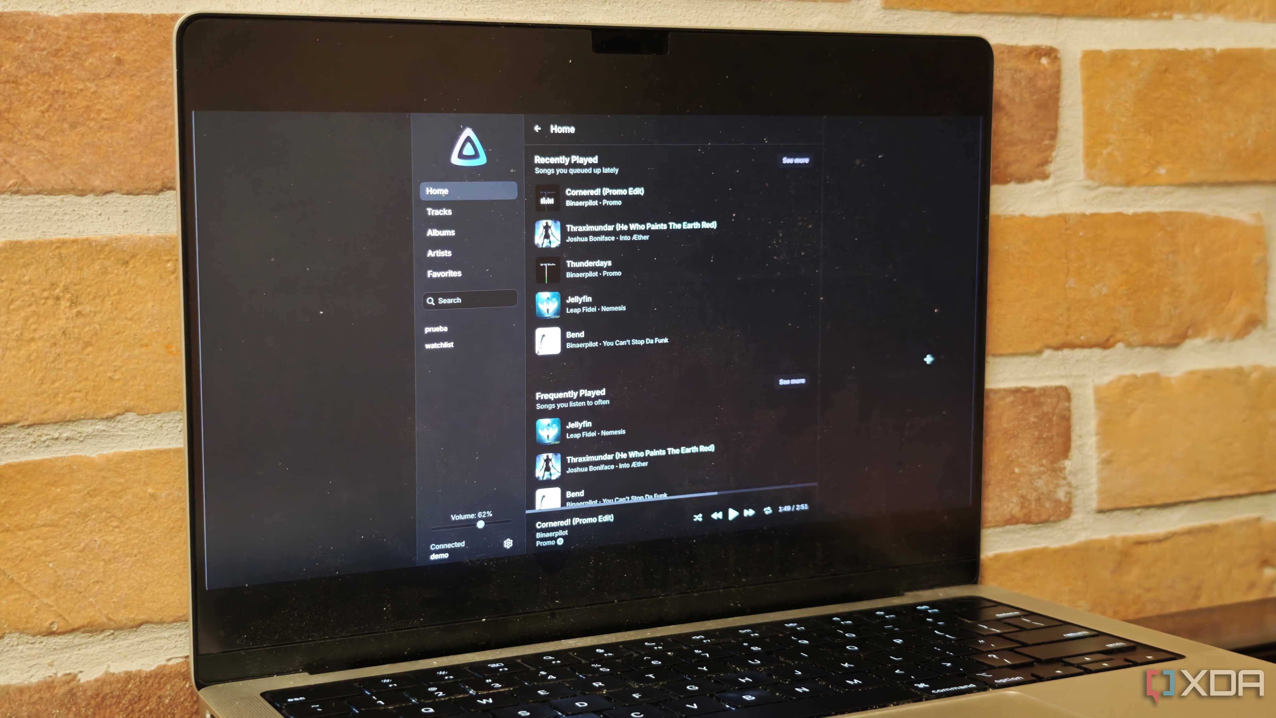 Jellyfin music app open on a laptop against a brick wall