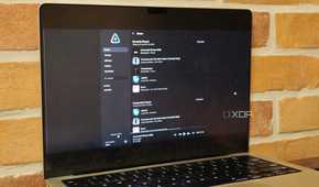 Jellyfin music app open on a laptop against a brick wall