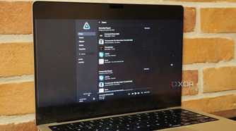 Jellyfin music app open on a laptop against a brick wall