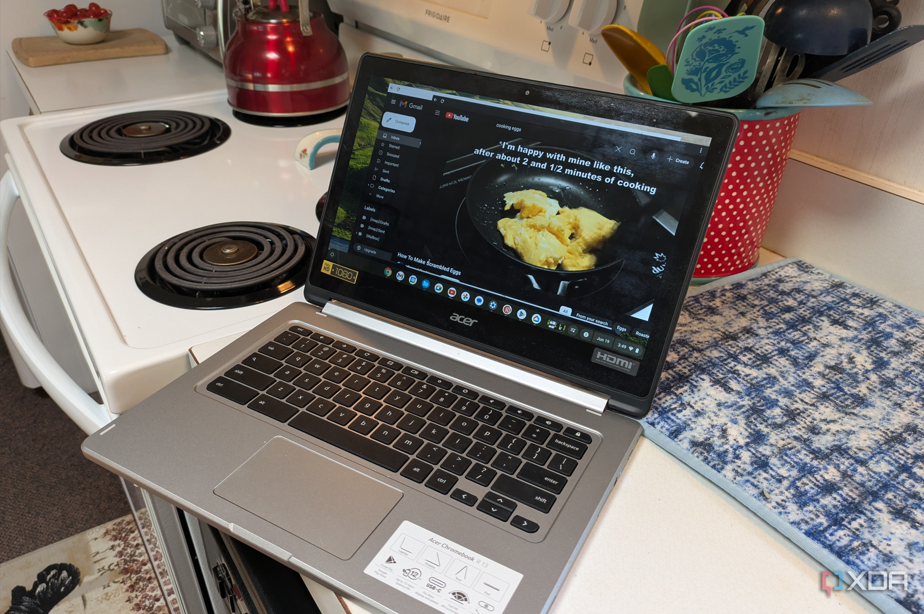 Chromebook playing YouTube cooking videos in a kitchen