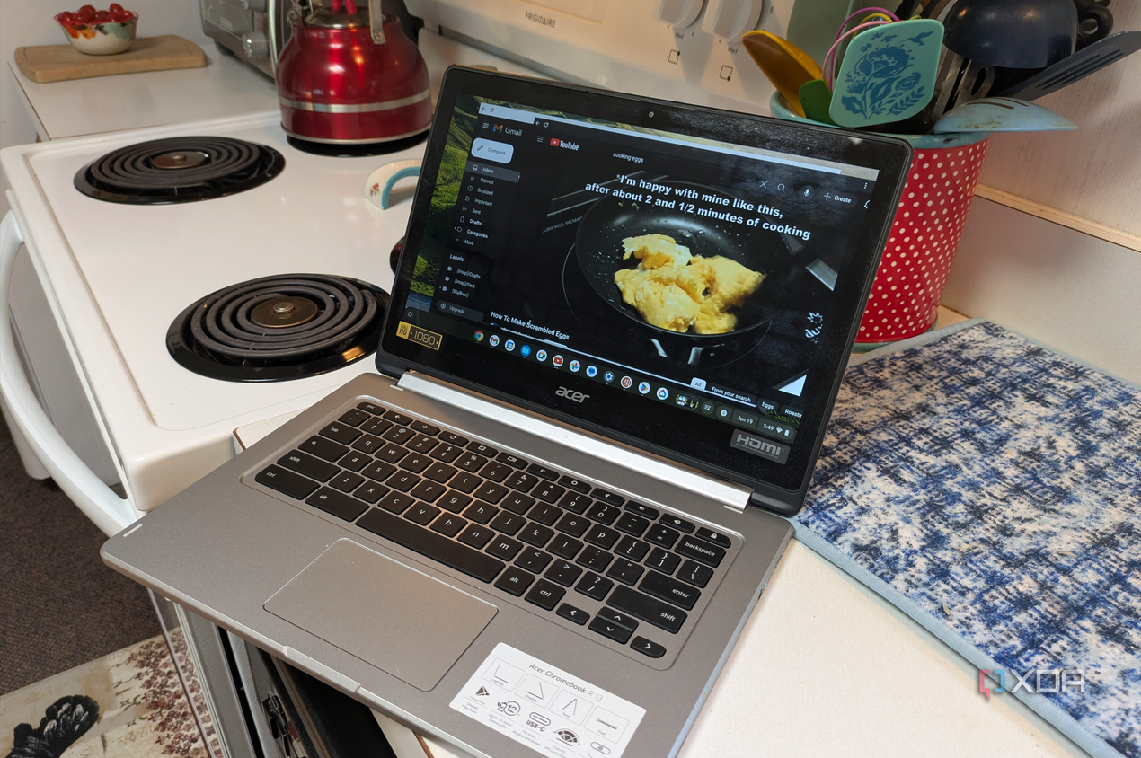 Chromebook playing YouTube cooking videos in a kitchen