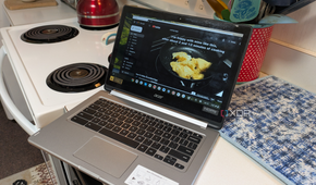 Chromebook playing YouTube cooking videos in a kitchen
