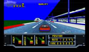 Racing in the SNES game Kyle Petty's No Fear Racing.