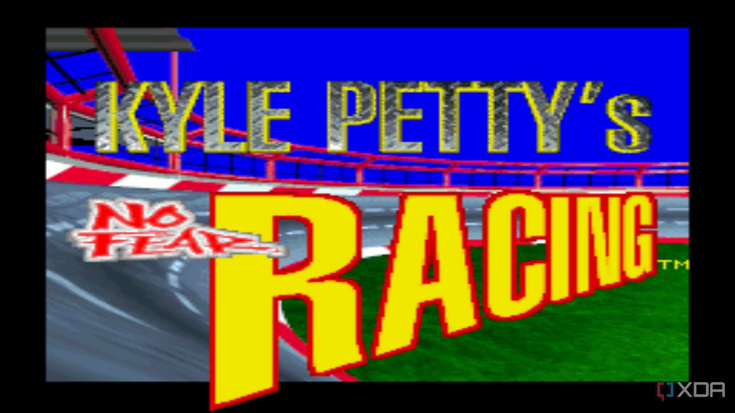 Title screen for the SNES game Kyle Petty's No Fear Racing.
