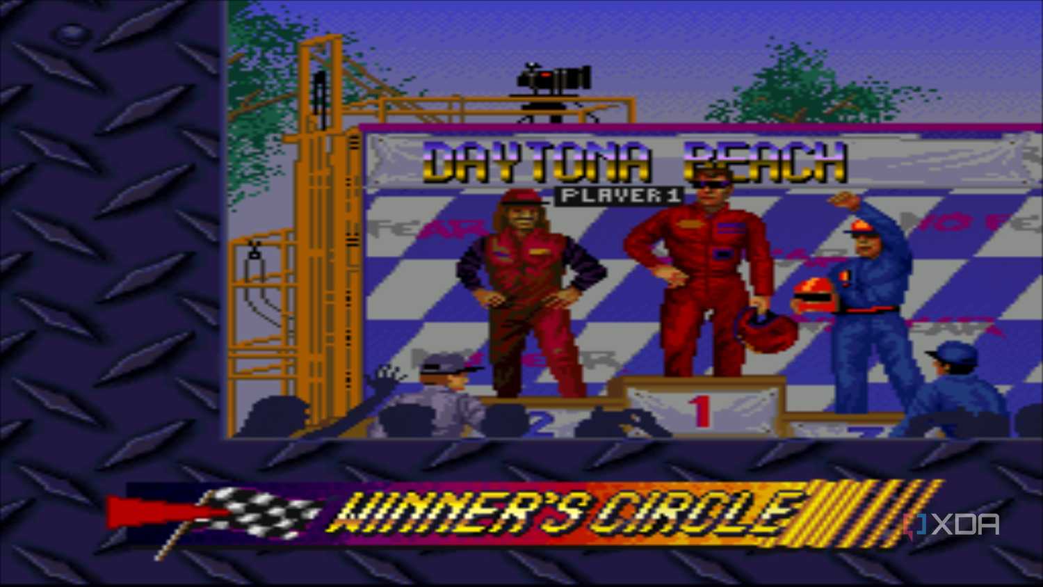 Winner's podium in the SNES game Kyle Petty's No Fear Racing.
