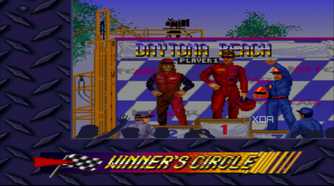 Winner's podium in the SNES game Kyle Petty's No Fear Racing.