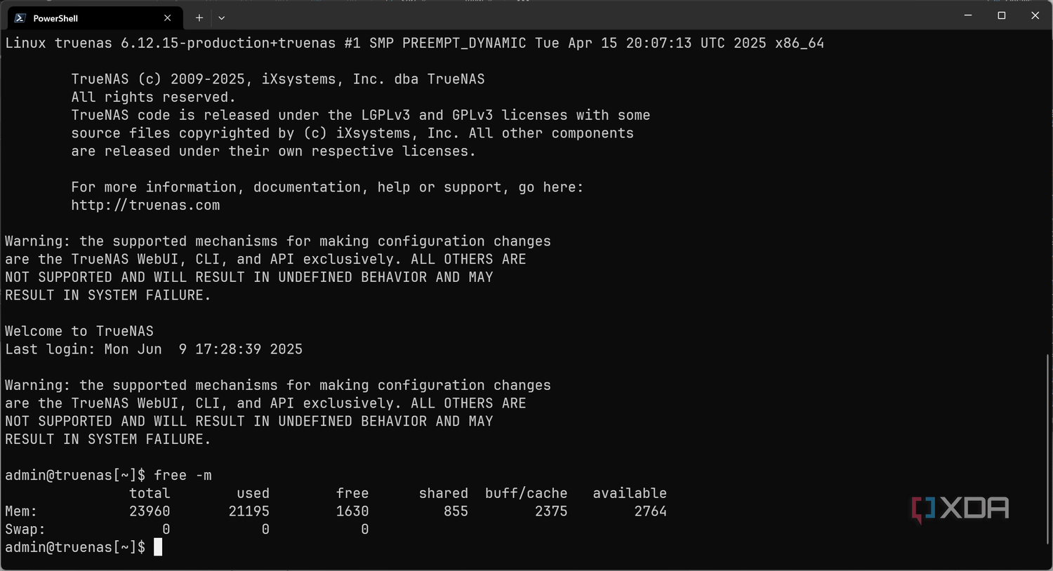 Running "free -m" on Linux over SSH