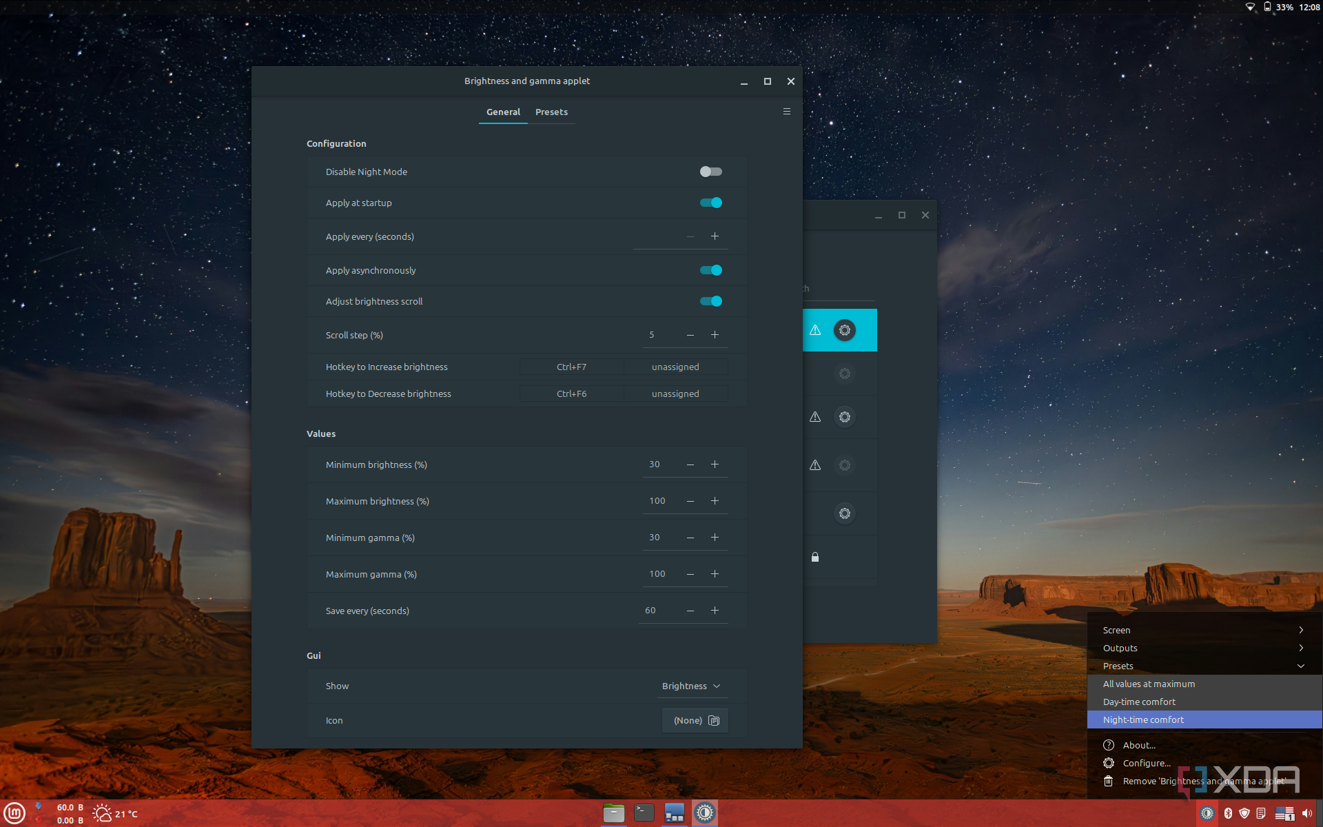 Screenshot of Linux Mint showing settings for the brightness slider applet