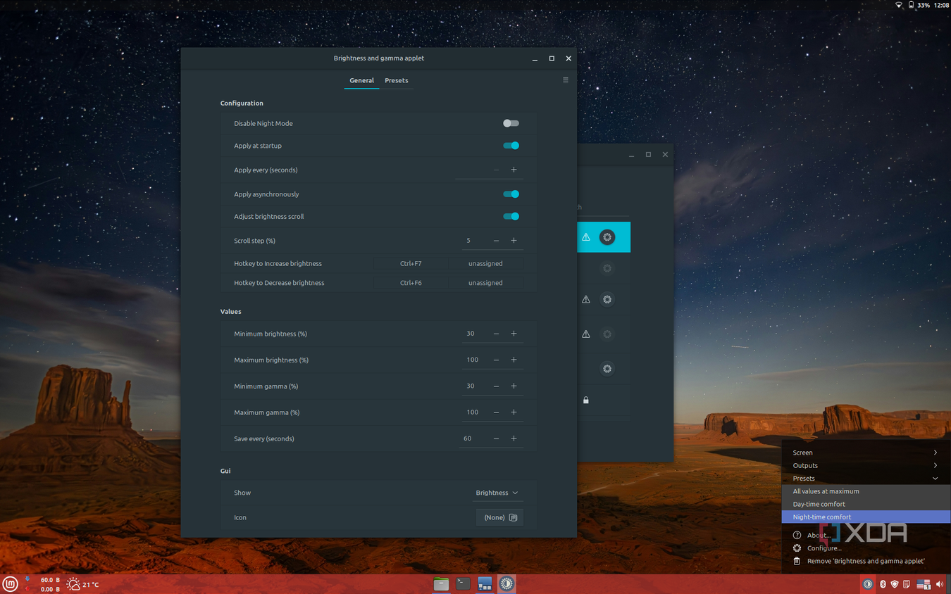 Screenshot of Linux Mint showing settings for the brightness slider applet