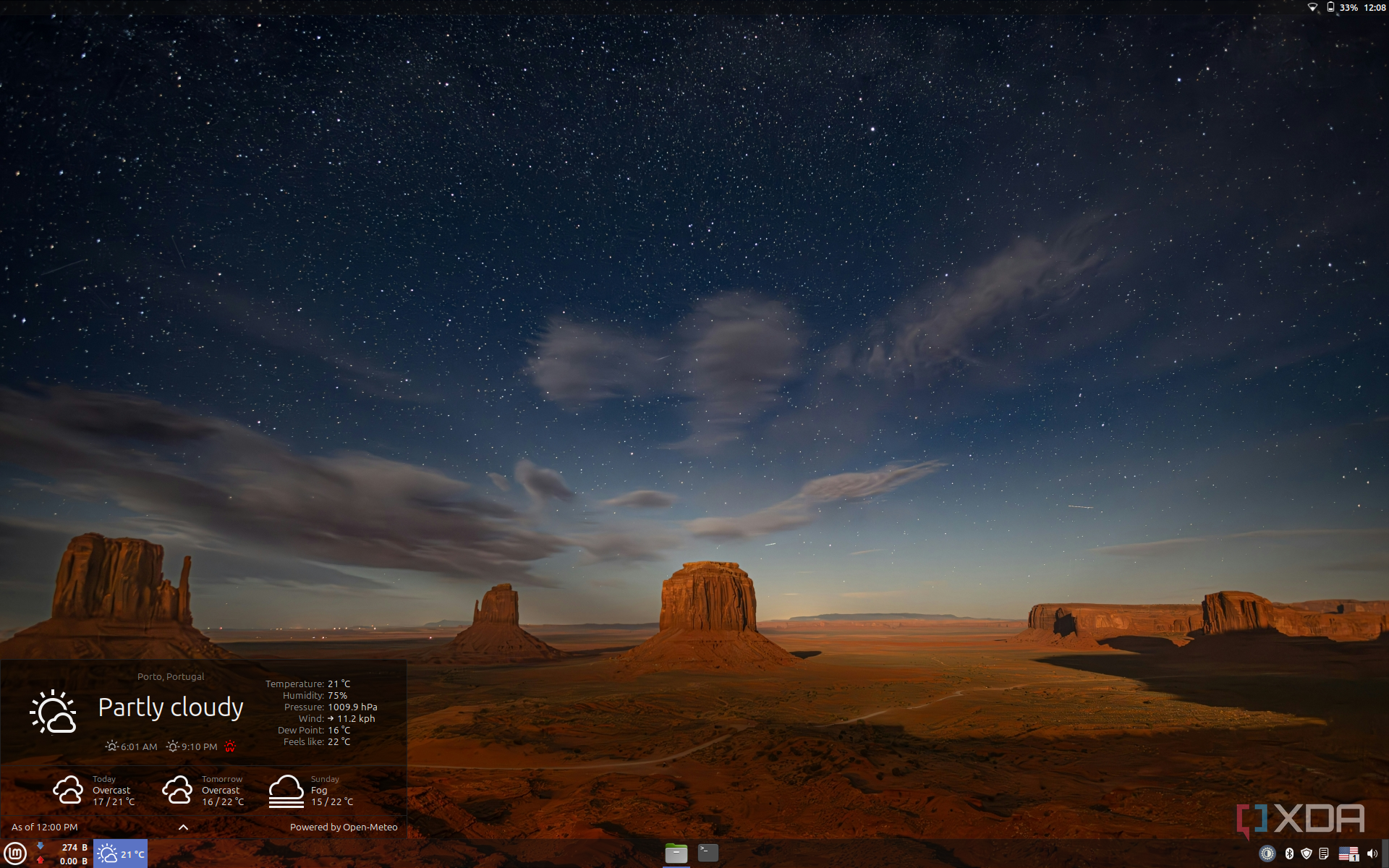 Screenshot of the Linux Mint with the weather widget showing the upcoming forecast