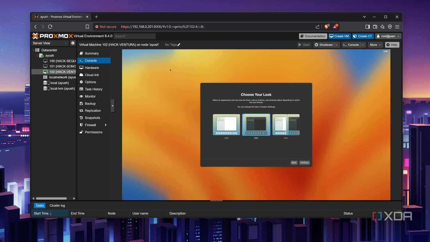 Choosing the dark mode in a macOS VM