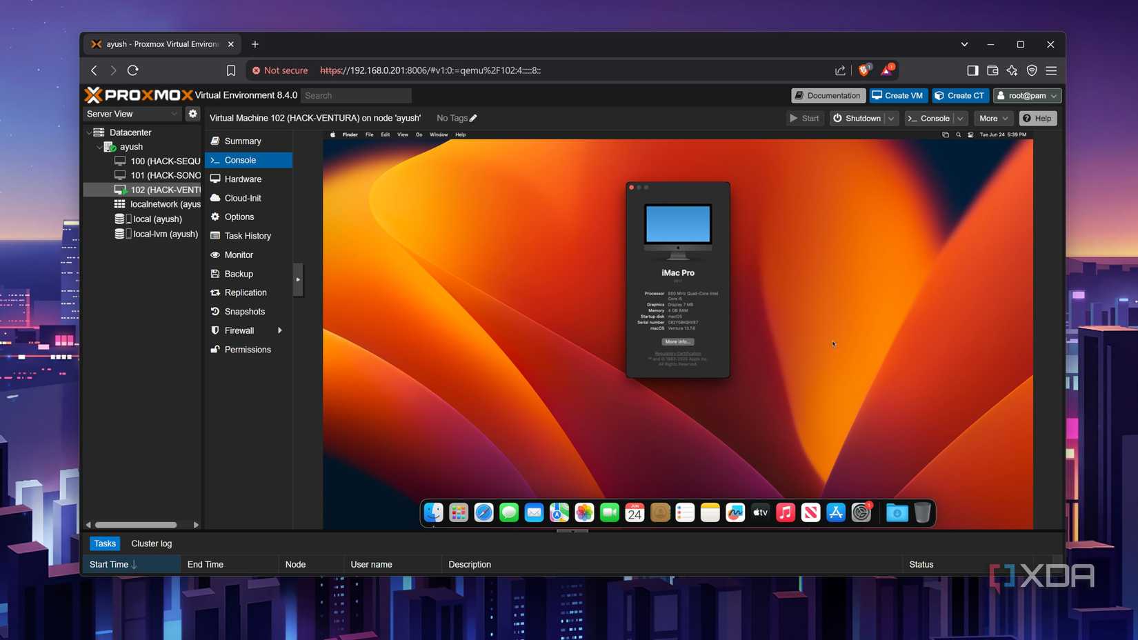 Checking the macOS specs inside a Proxmox VM