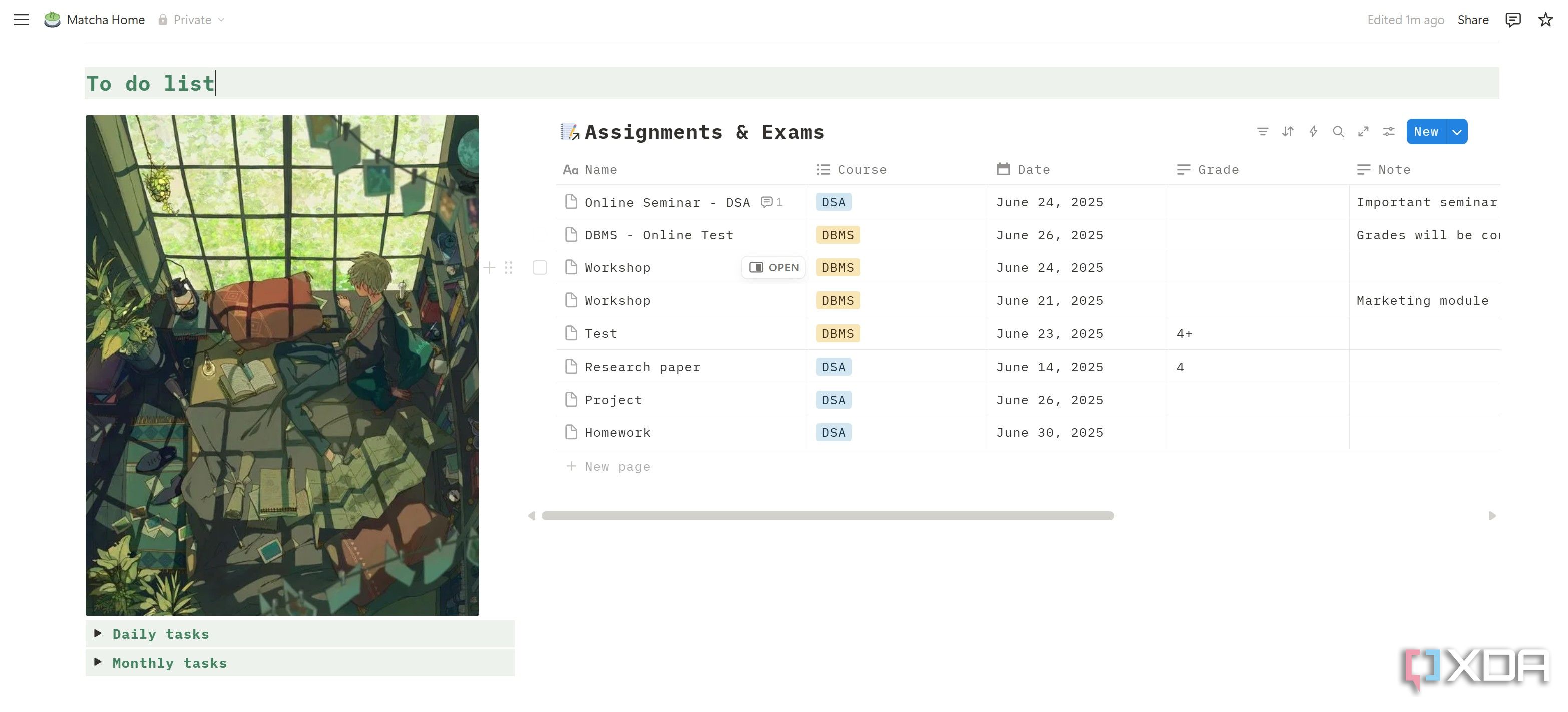 Matcha student planner Notion template list view