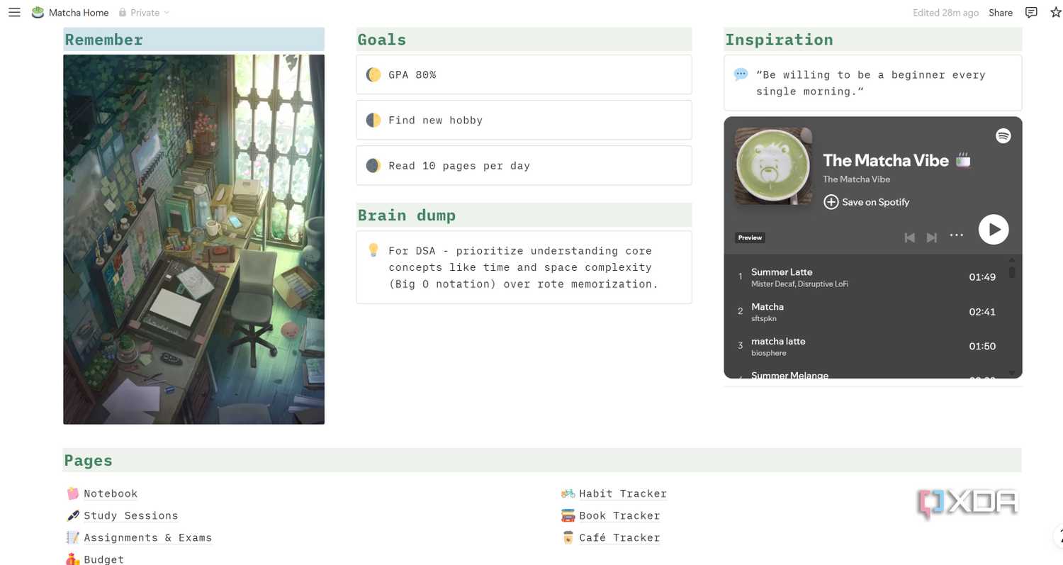 Matcha student planner Notion template pages