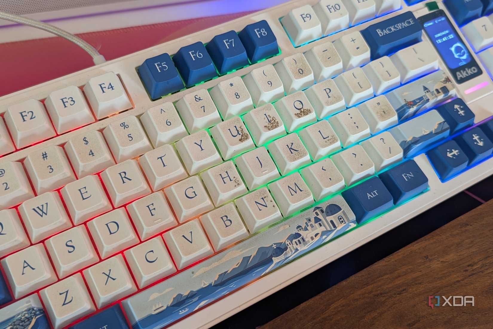 Closeup of a mechanical keyboard with dirty keys