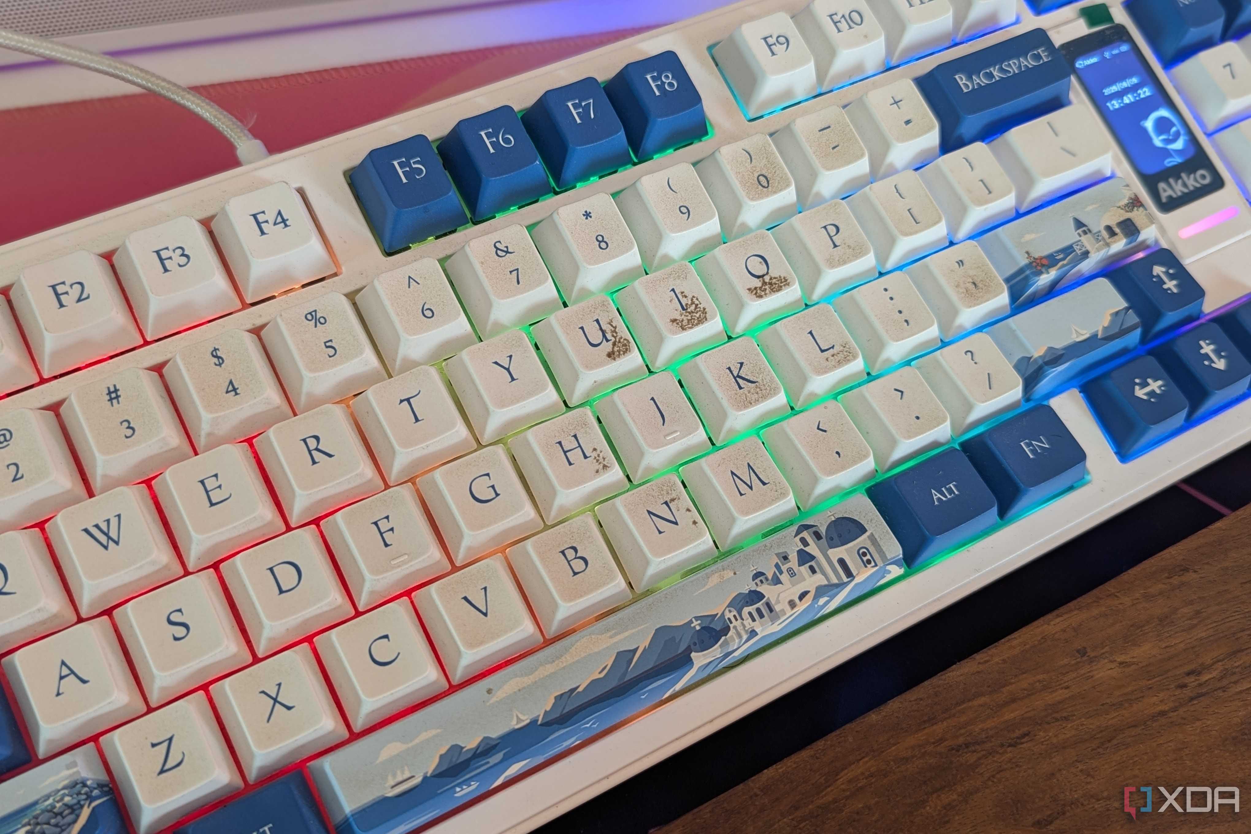 Close-up of a mechanical keyboard with dirty keys