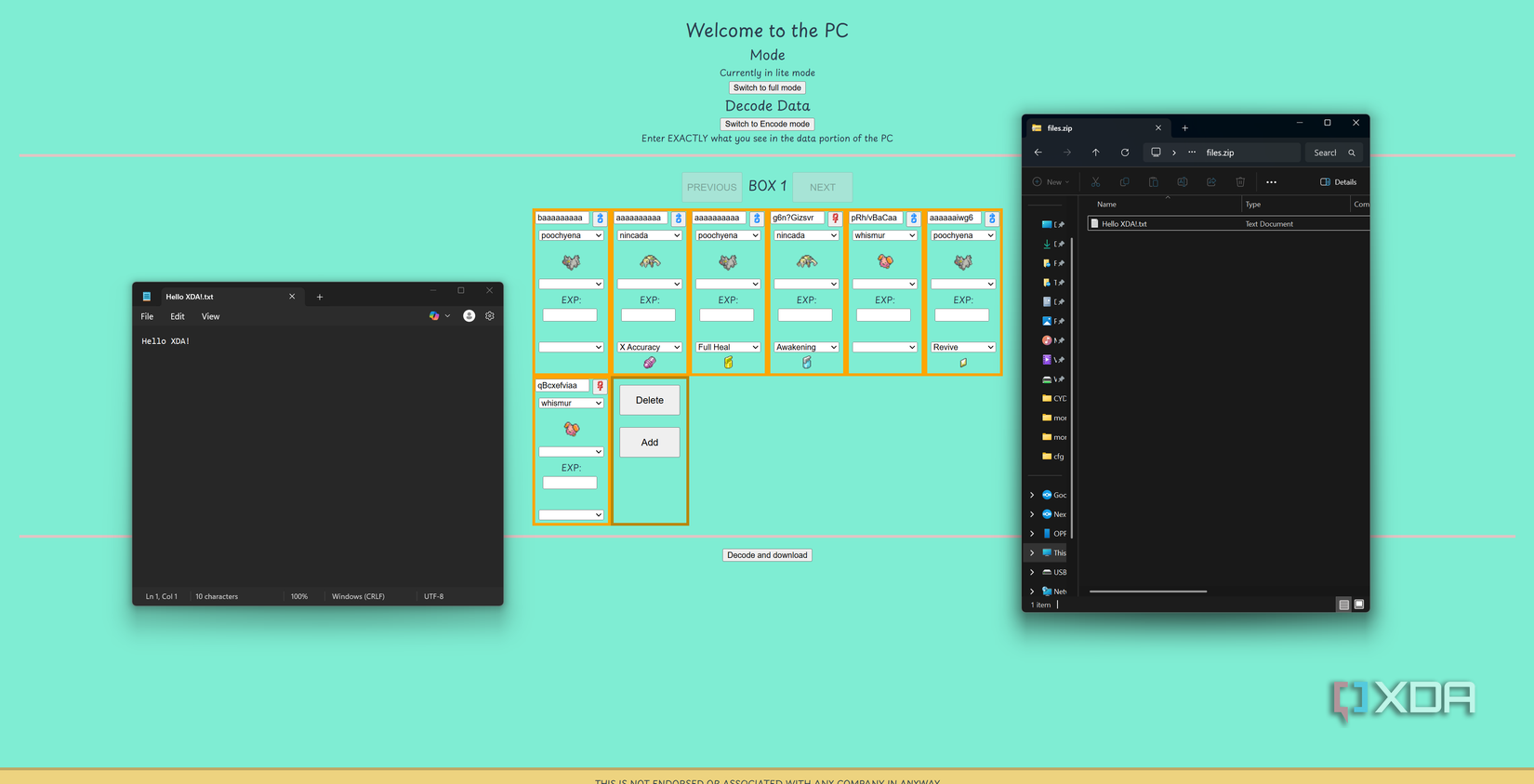 I stored a file inside Pokémon Emerald's in-game PC so you don't have to