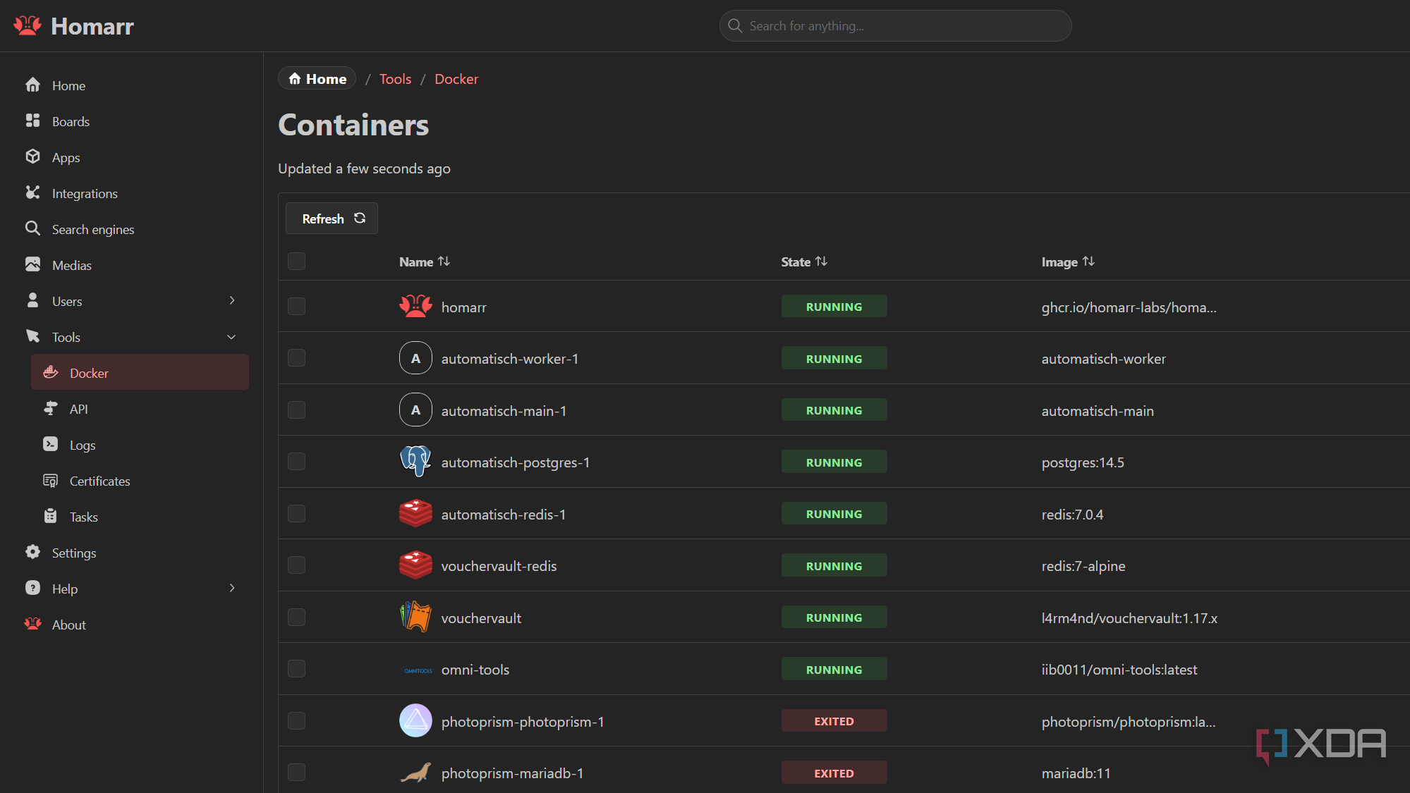 monitoring docker containers in homarr tools