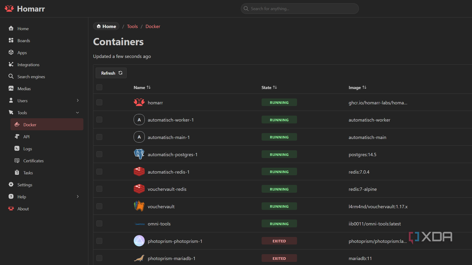 monitoring docker containers in homarr tools