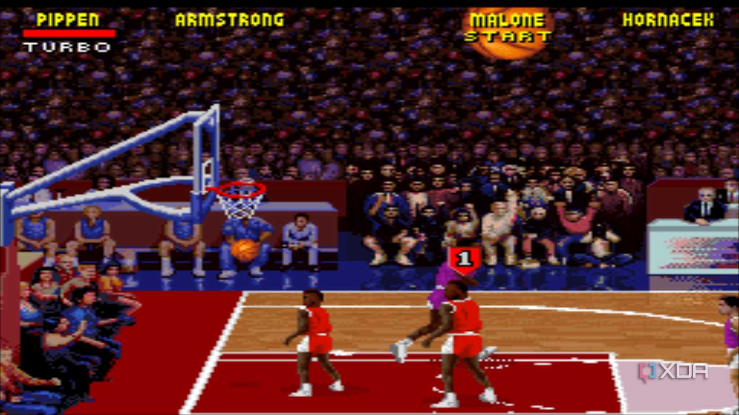 A screenshot from the 1995 SNES game NBA Jam: Tournament Edition.