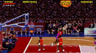 A screenshot from the 1995 SNES game NBA Jam: Tournament Edition.