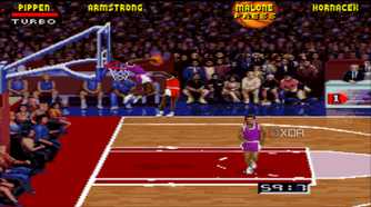 A screenshot from the 1995 SNES game NBA Jam: Tournament Edition.