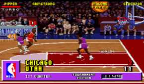 A screenshot from the 1995 SNES game NBA Jam: Tournament Edition.