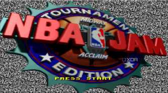 A screenshot from the 1995 SNES game NBA Jam: Tournament Edition.