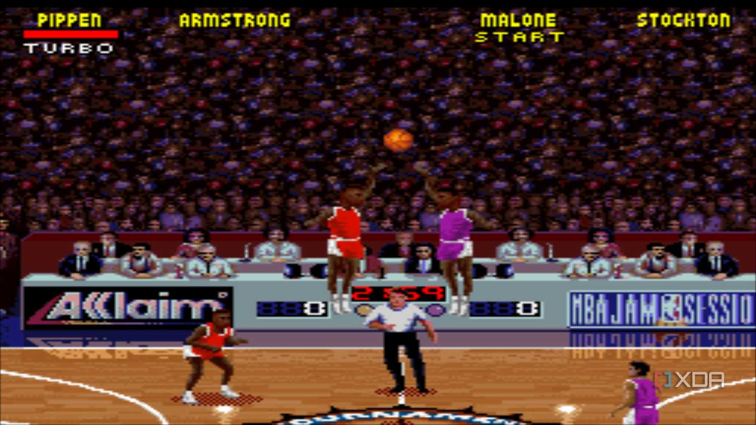 A screenshot from the 1995 SNES game NBA Jam: Tournament Edition.