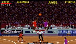 A screenshot from the 1995 SNES game NBA Jam: Tournament Edition.