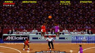 A screenshot from the 1995 SNES game NBA Jam: Tournament Edition.