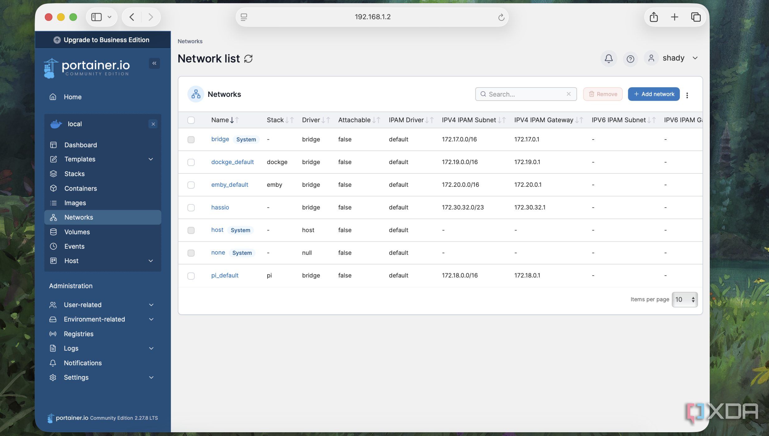 Networks list in Portainer