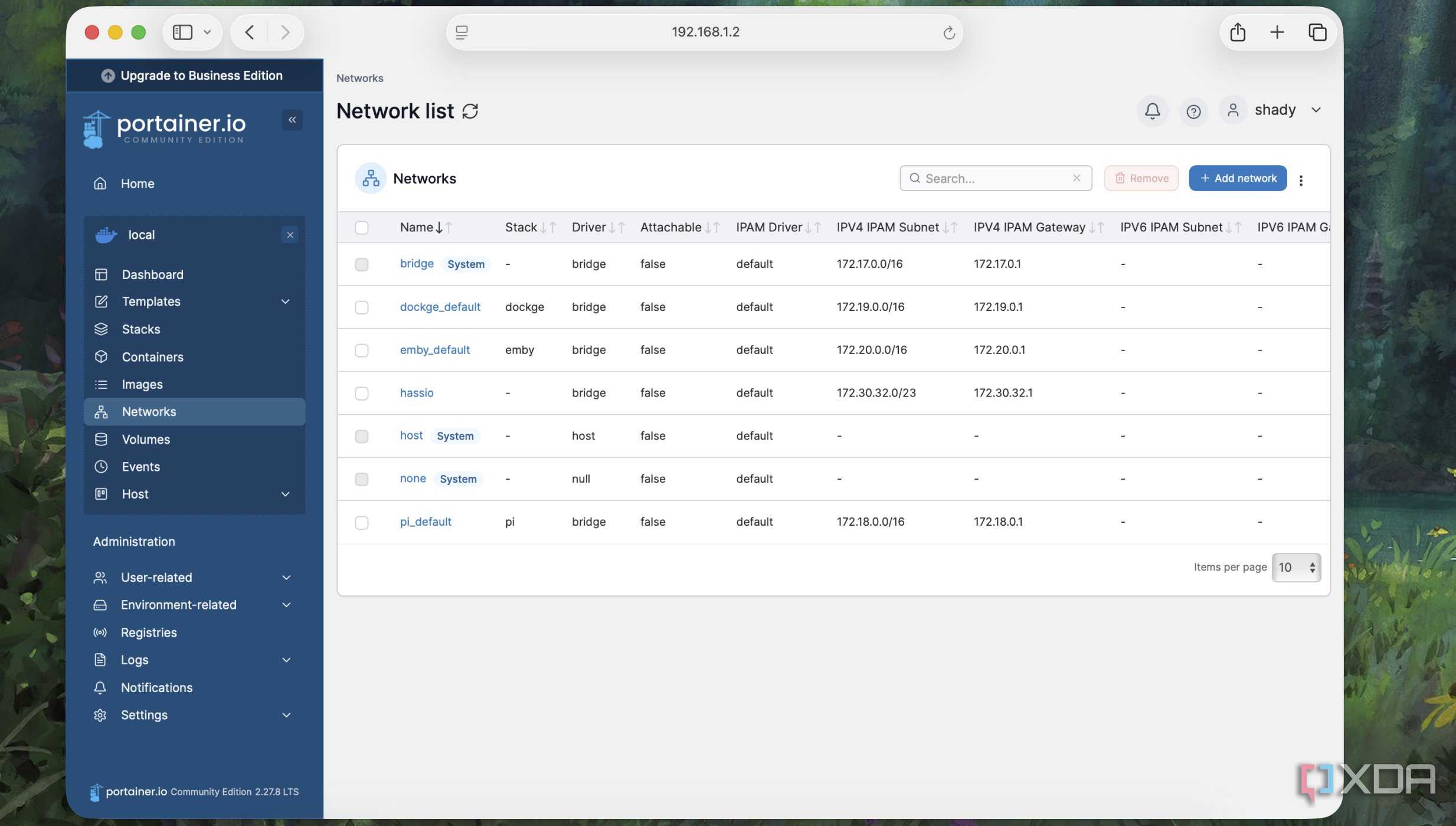 Networks list in Portainer