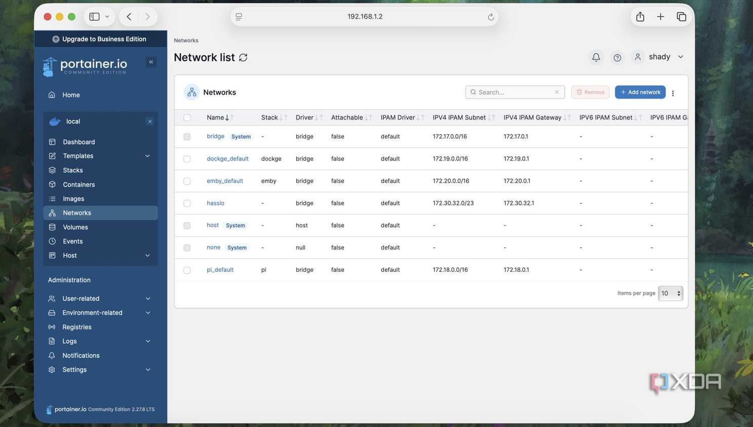 Networks list in Portainer