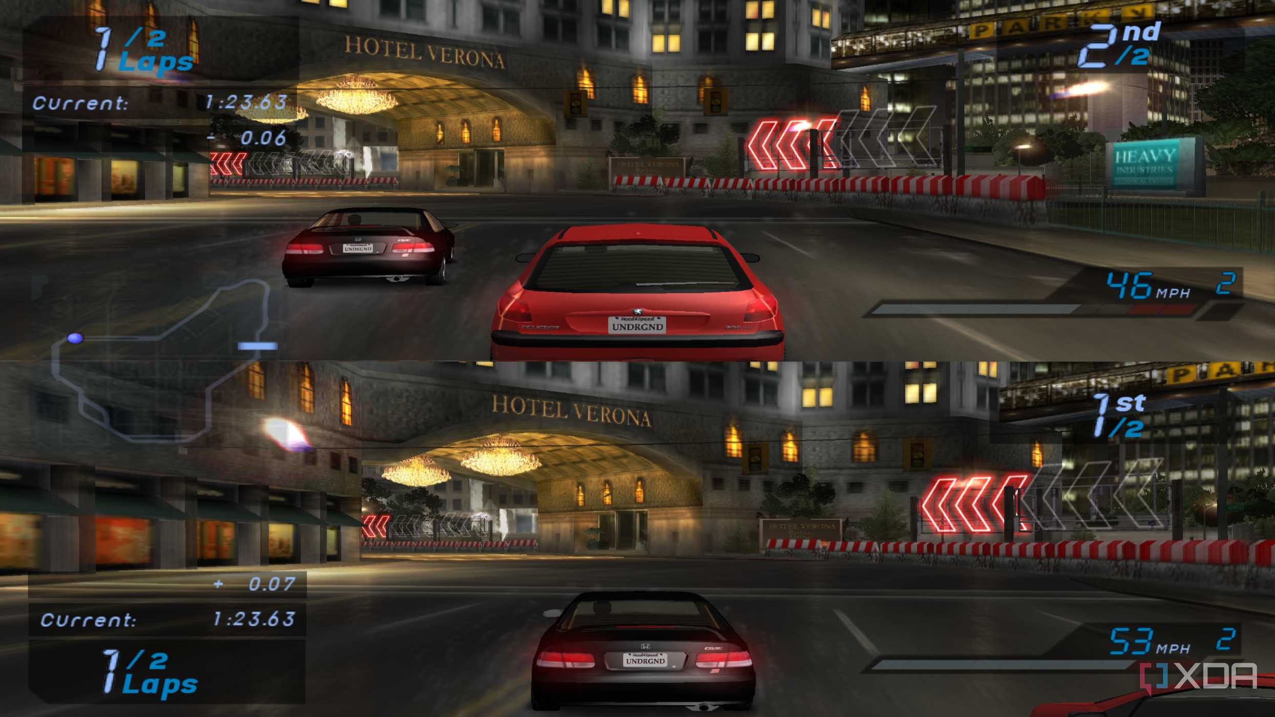 A split screen race in NFS Underground 2, running on an emulator.