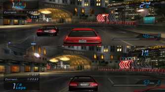 A split screen race in NFS Underground 2, running on an emulator.