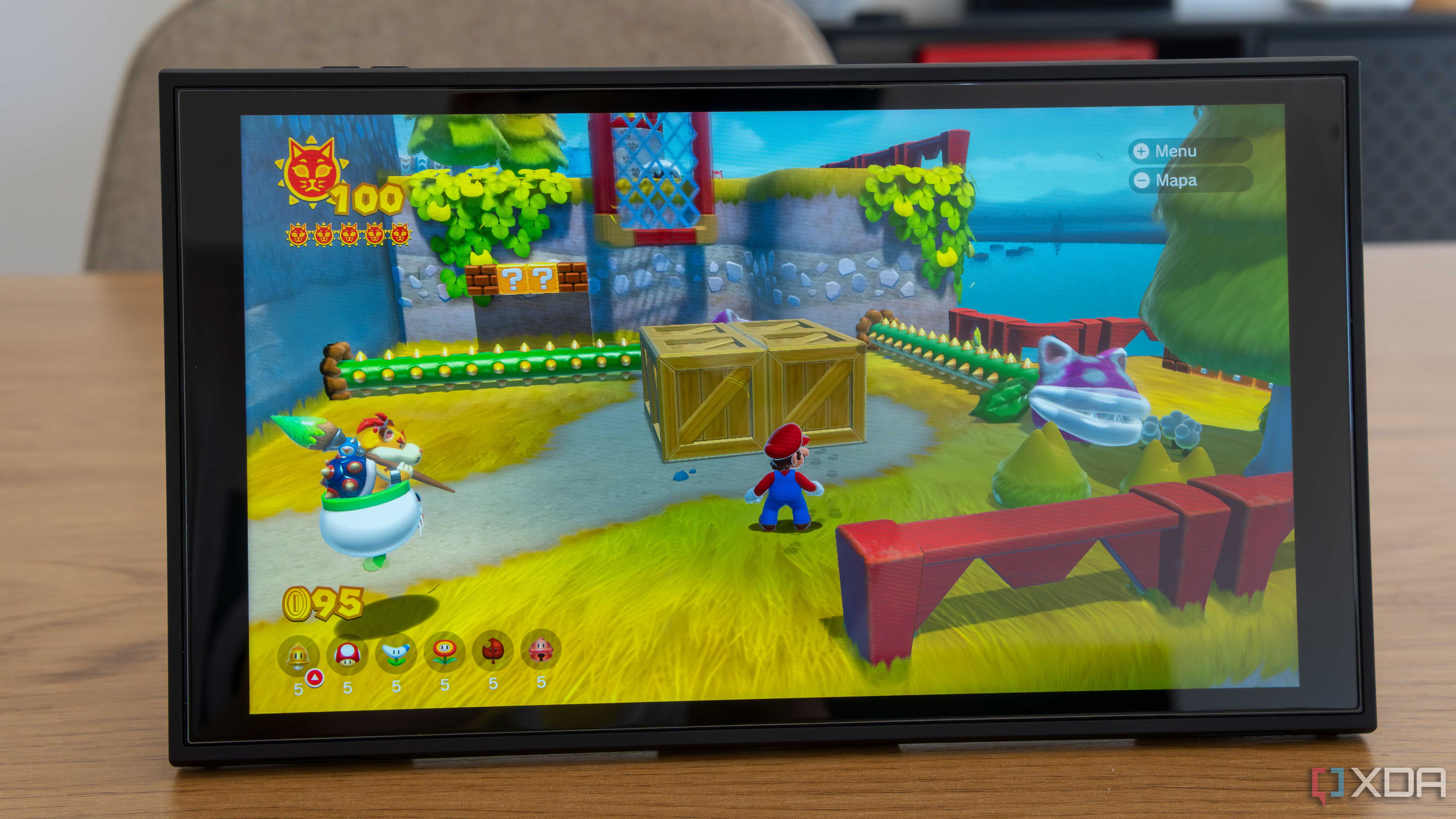 Fronht view of a Nintendo Switch 2 playing Super Mario 3D World + Bowser's Fury